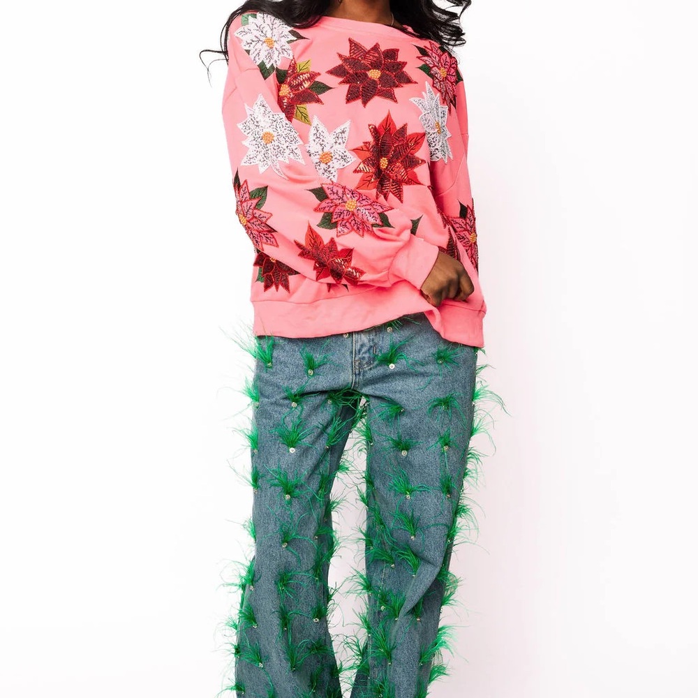 QUEEN OF SPARKLES Pink Poinsettia Sweatshirt - Picture 3 of 4